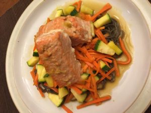 Zesty Orange Ginger Salmon with Noodles Salmon flavoured with Orange and Ginger served over noodles and veggies is the perfect balance of protein, carbohydrates and flavour. Delicious and healthy ... does it get any better? Forever Fit, Duncan, BC